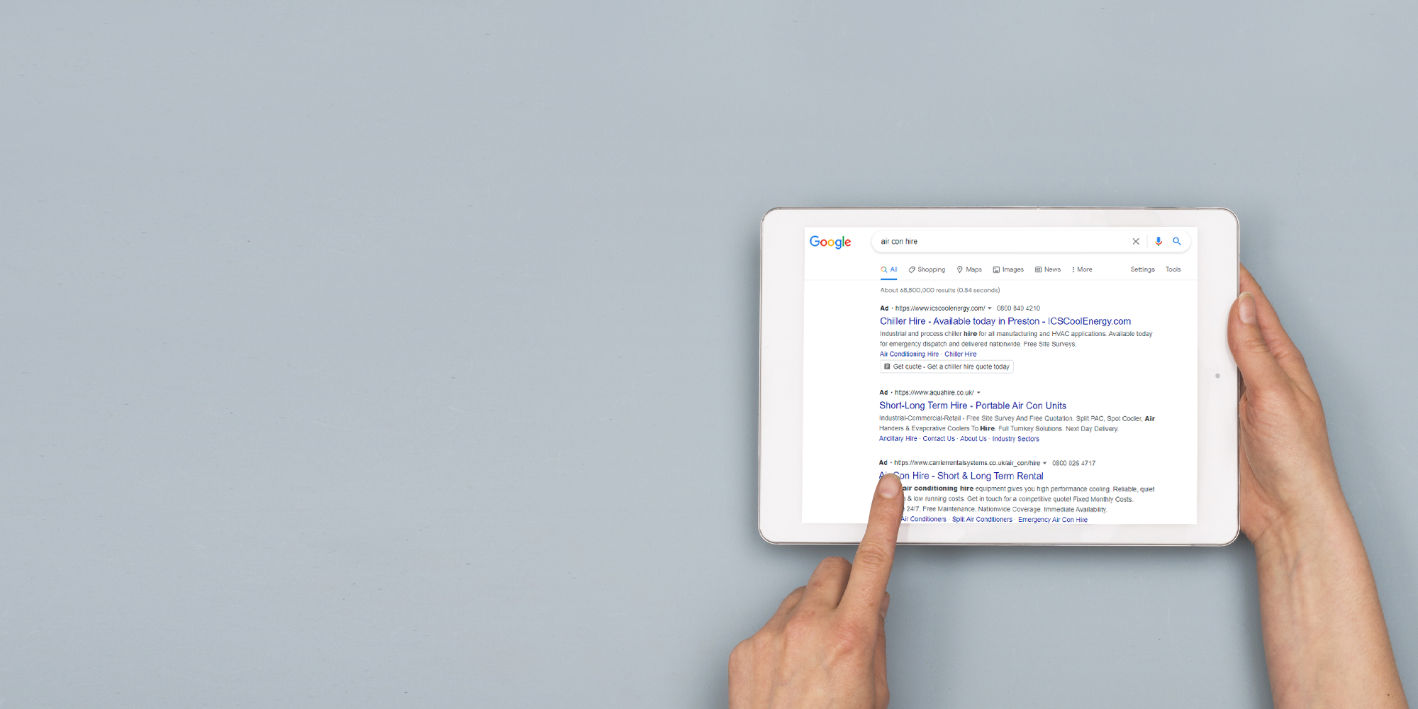 SEO, resutls from a Google Search displayed on a tablet