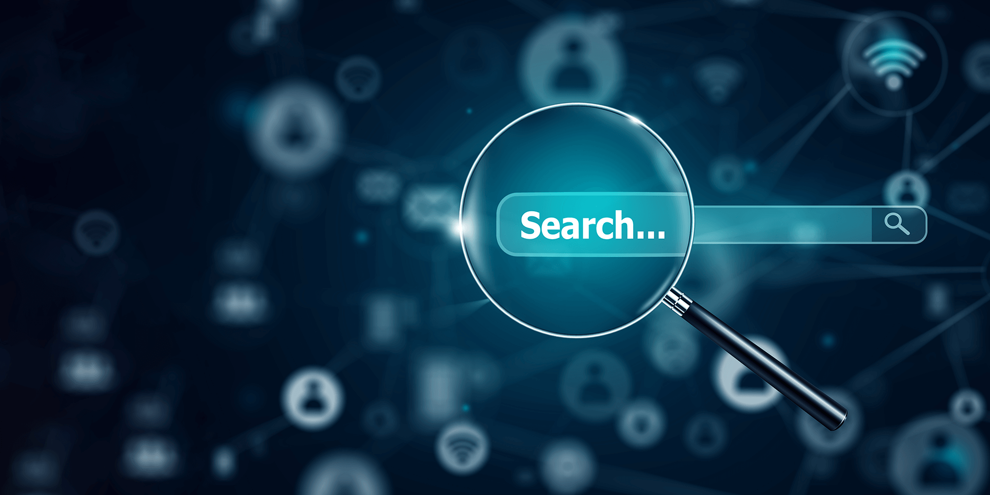SEO, The word search magnified under a magnifying glass